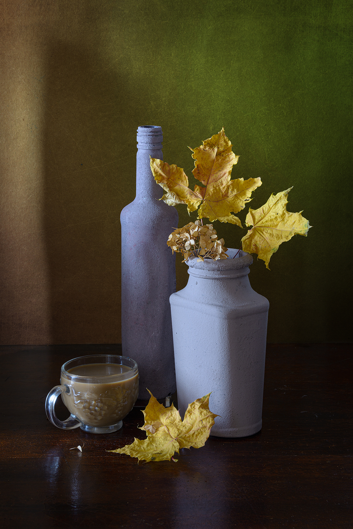 листья, бутылка, банка, кофе, чашка, клен, желтый, Алексей Бычков