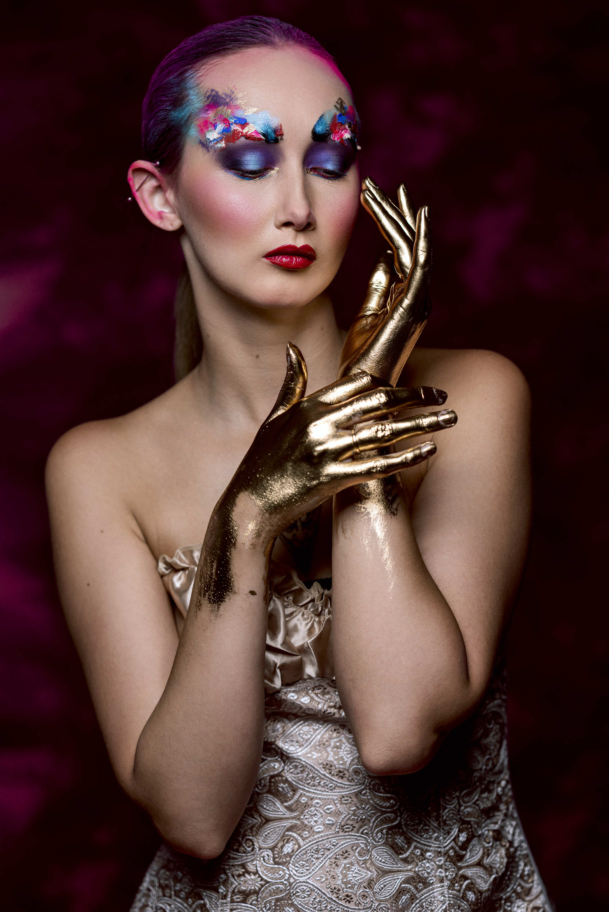 artistic expression, avant garde, color harmony, contemporary glamour, dreamlike atmosphere, elegant style, fantasy makeup, fine art portrait, gold paint, painterly lighting, portrait photography, romantic elegance, sensual grace, surreal beauty, Alex Tsarfin