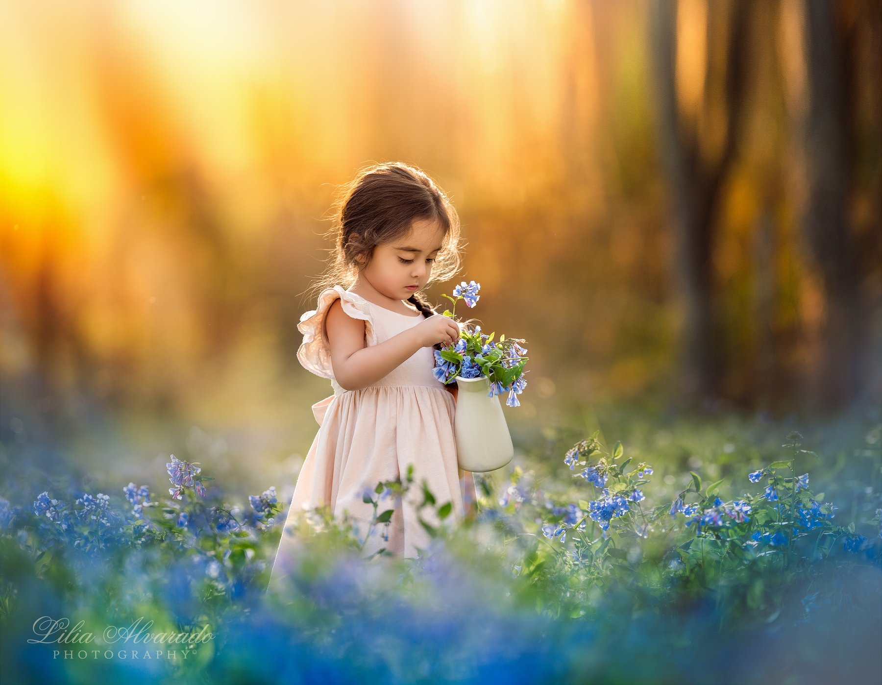 bluebells,spring,field,flowers,candid,child,girl,thoughtful,calm,poetic, brunette, Lilia Alvarado