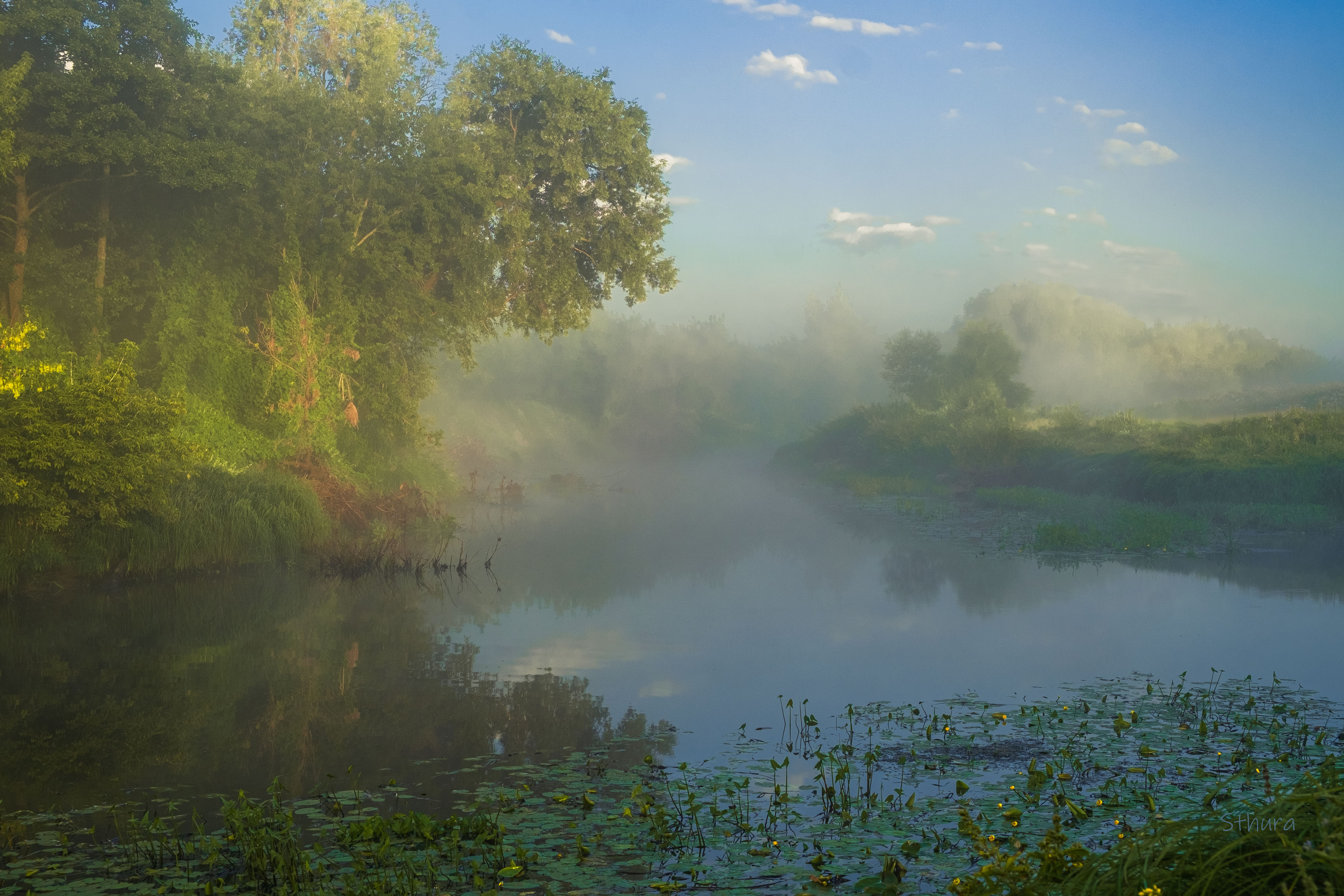 лето речка утро туман природа пейзеж, Александр Строков