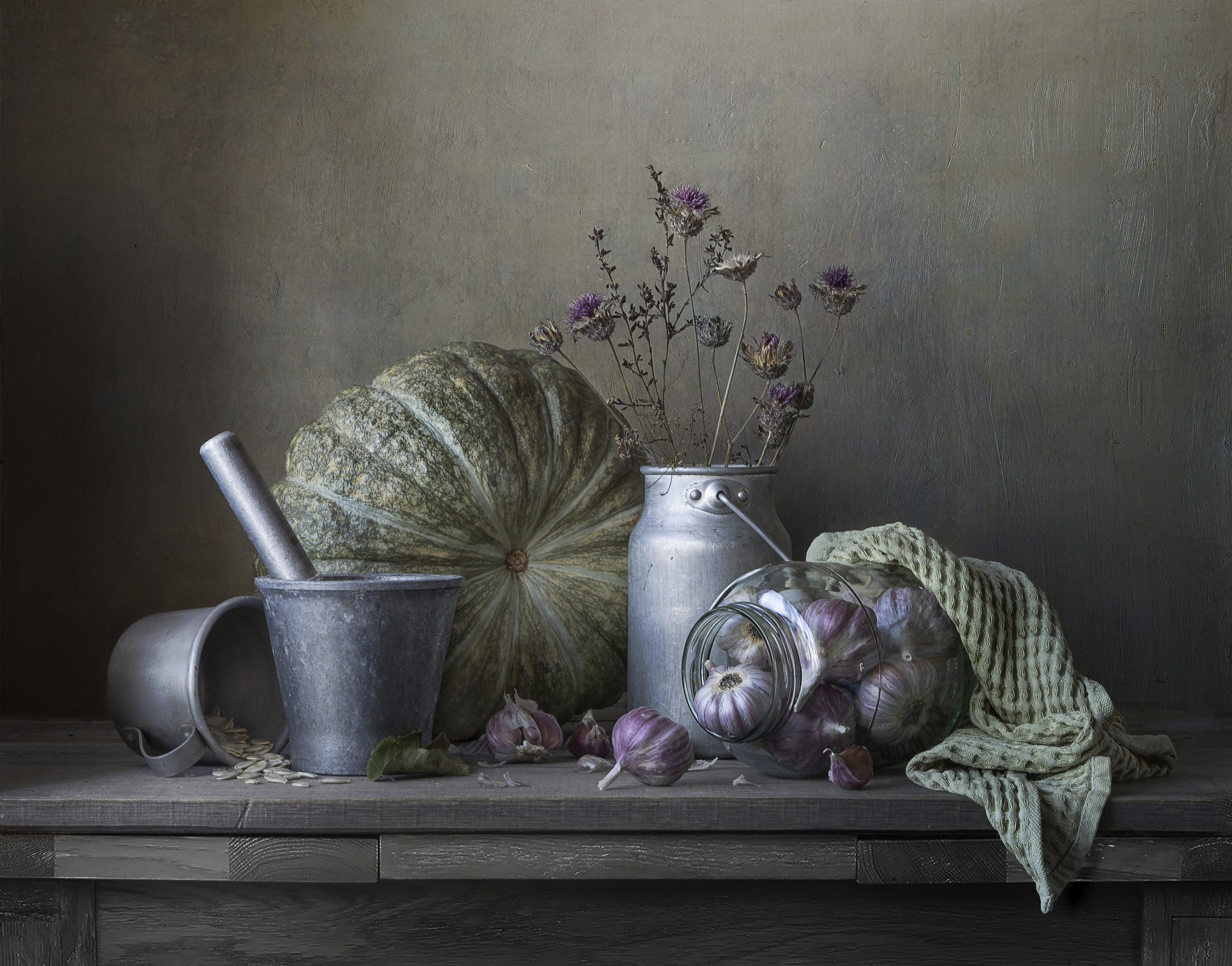 тыква,чеснок,банка,сухоцветы,полотенце,осень., Татьяна Попова