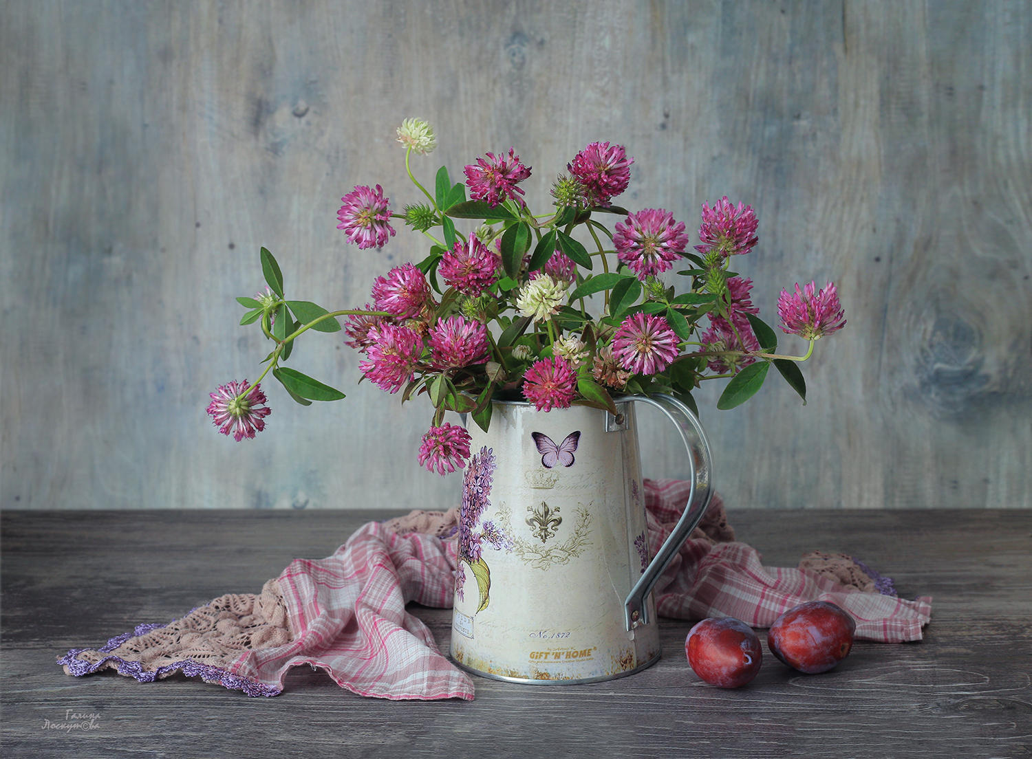 букет, клевер, кувшин, полотенце, сливы, Галина Лоскутова