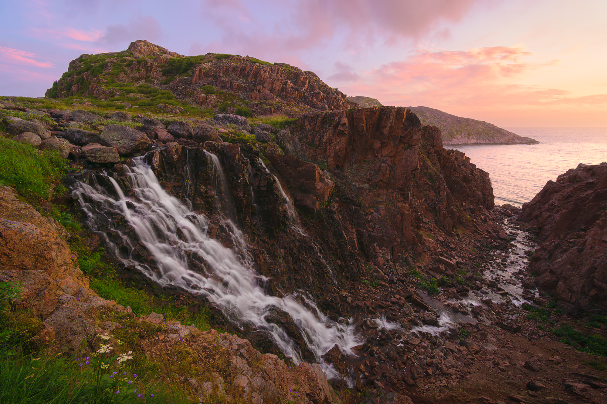 териберка, водопад, рассвет, море, кольский, Растворов Игорь