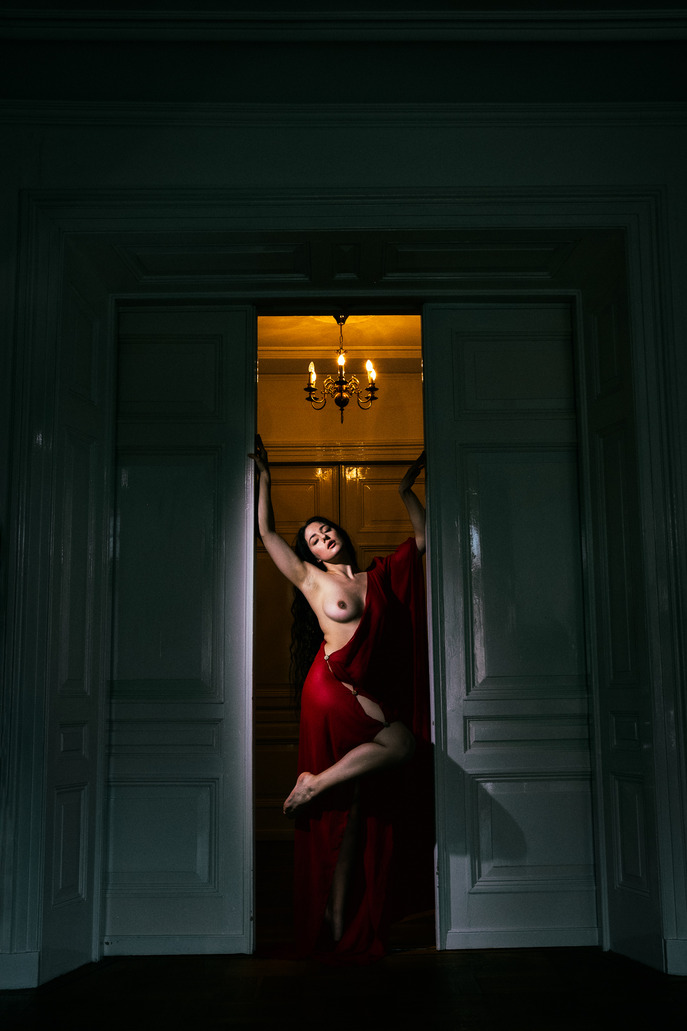 red, dress, elegant, formal, chandelier, green, doors, architecture, victorian, historic, interior, dramatic, lighting, warm, glow, threshold, entrance, atmospheric, moody, elegant, sophisticated, classical, vintage, architecture, formal, glamorous, cinem, Rozman Erik
