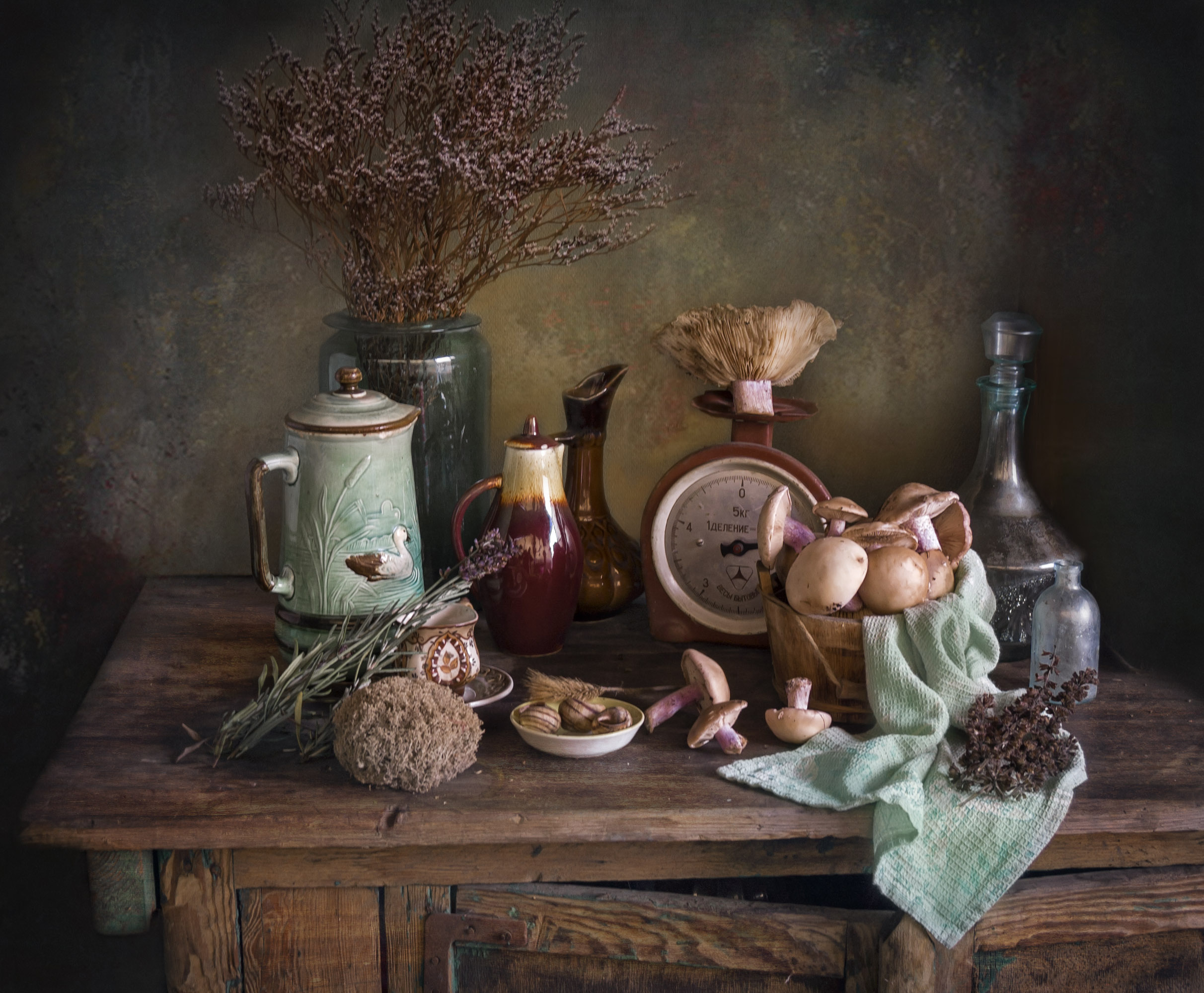 грибы, бутыль, весы, кувшин, ягель, осень, Зимина Лионелла