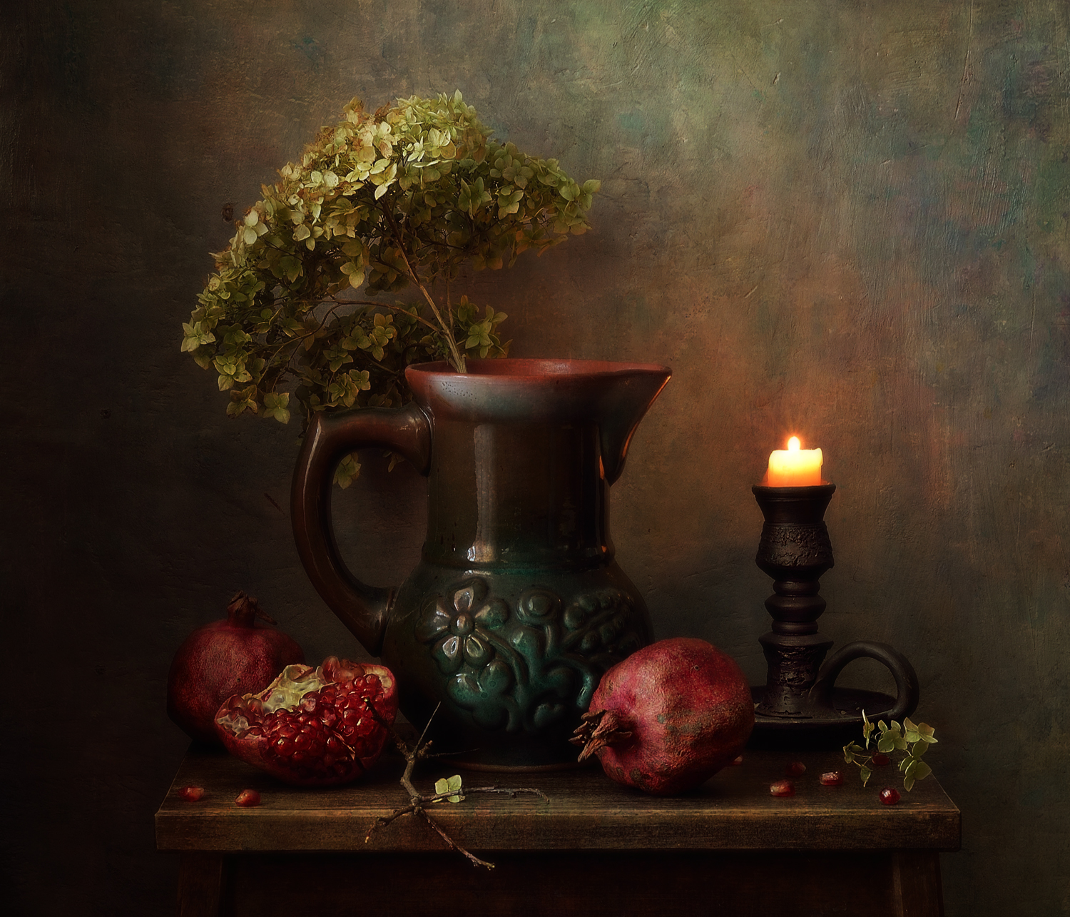 натюрморт,гранат,осень,гортензия,свеча,кувшин, Наталия К