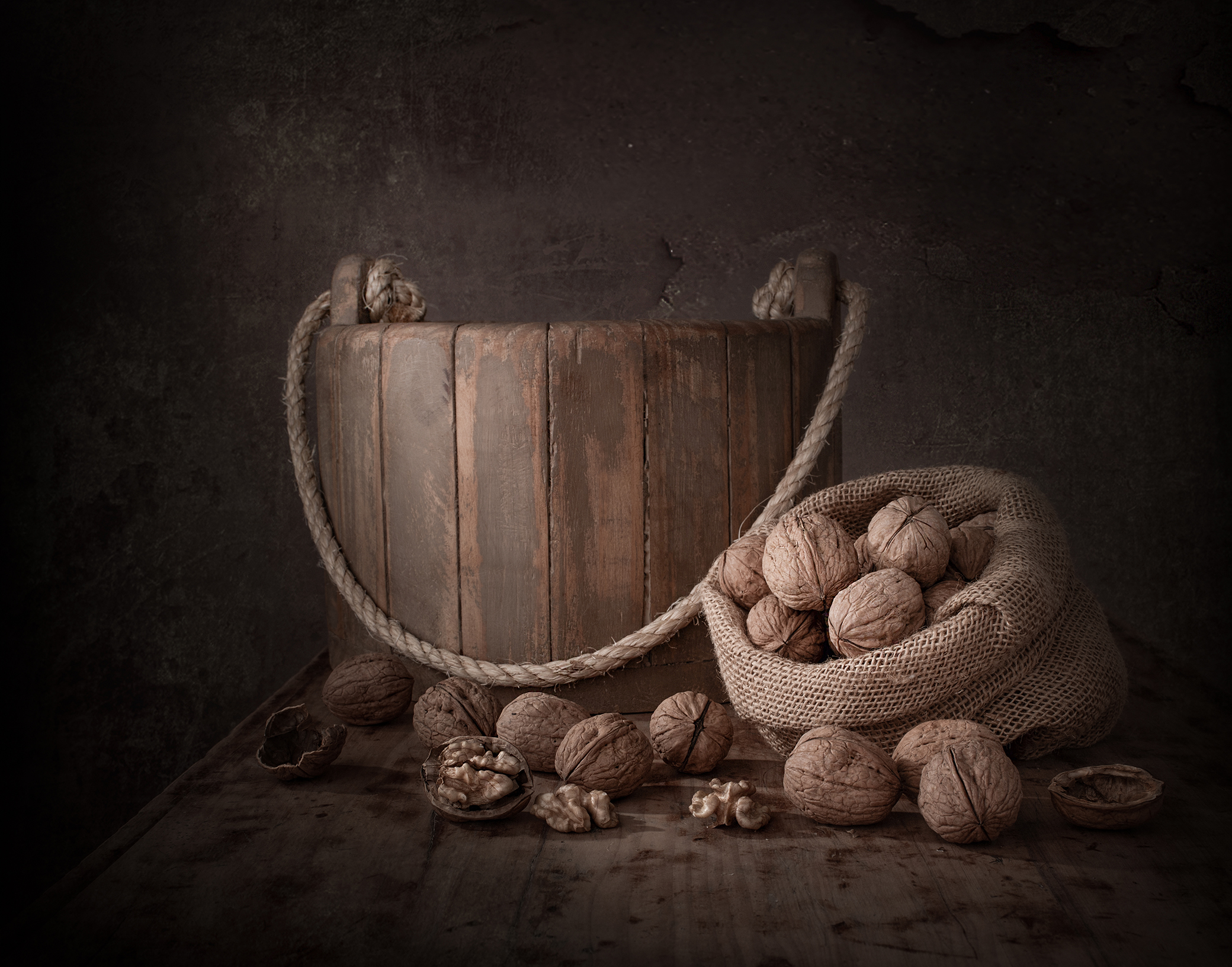 Still life, nuts, light, brown,wood, Maria Margareth Perfoncio