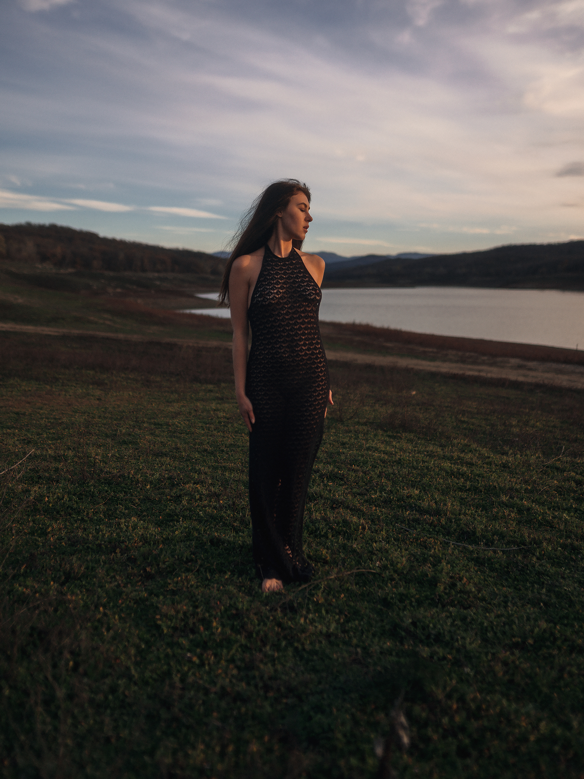 #girl #dress #lake #nature #sunset #outdoors #field #mountains #portrait #evening, Александр Кислов