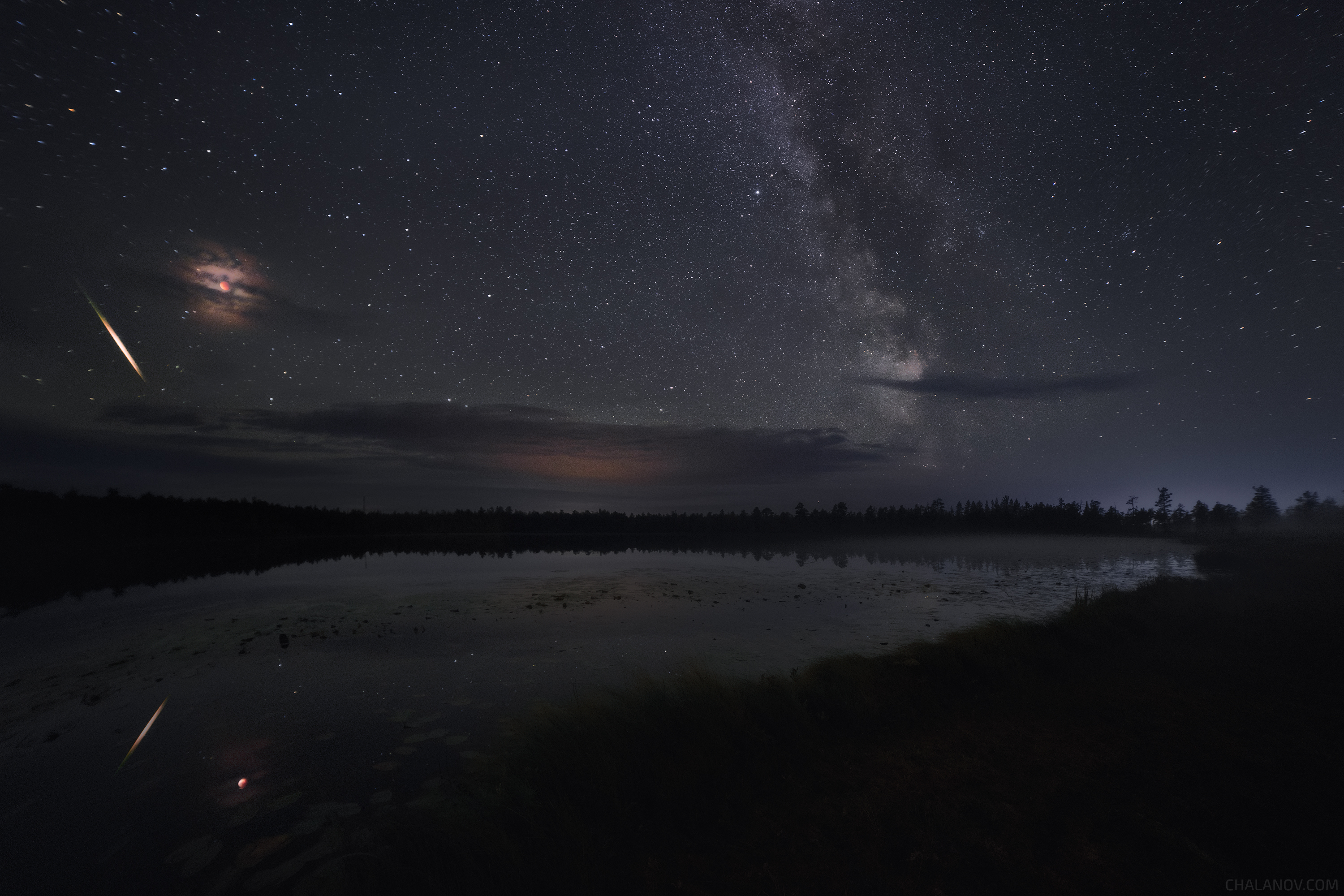 пейзаж, ночь, звезды, затмение, млечный путь, метеор, Иван Чаланов