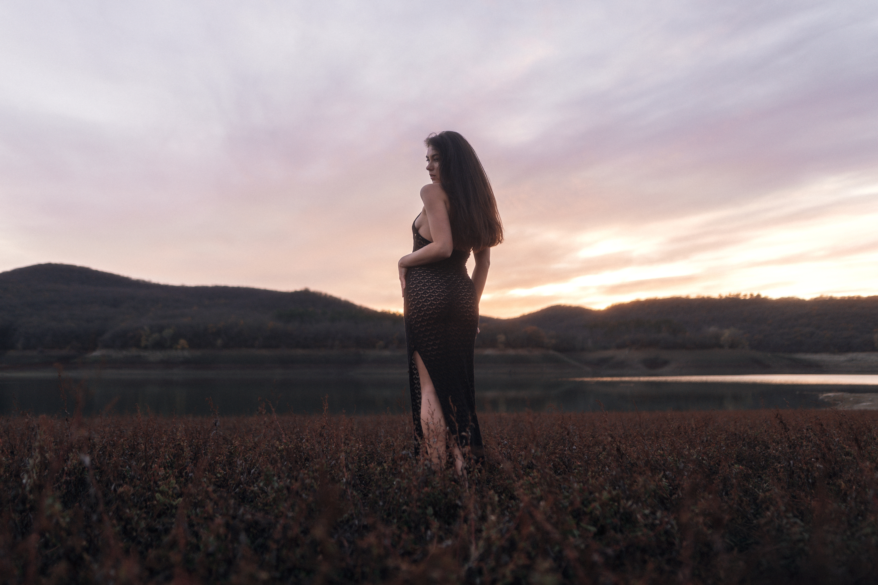 #girl #dress #lake #nature #sunset #outdoors #field #mountains #portrait #evening, Александр Кислов