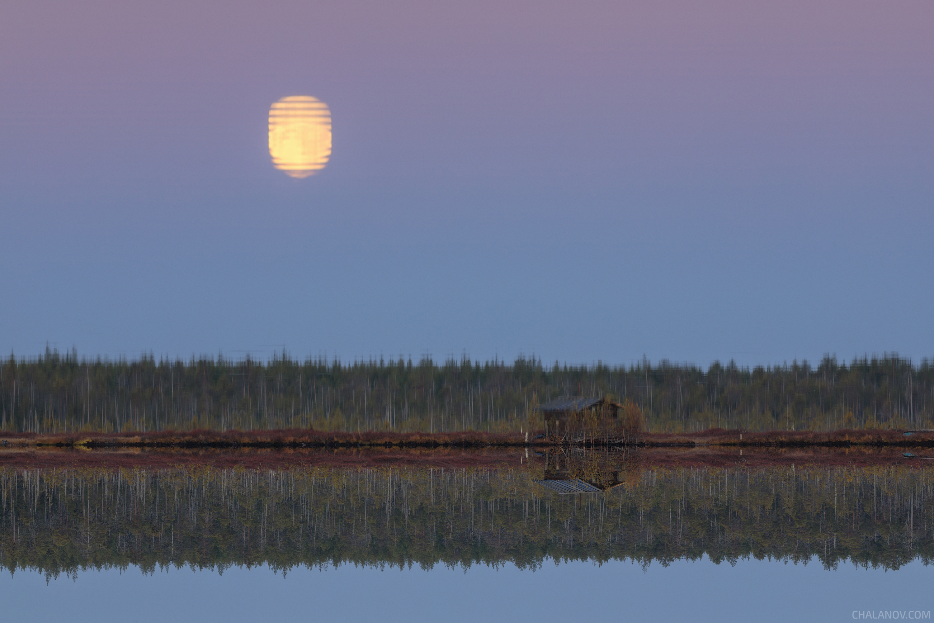 пейзаж, луна, закат, озеро, осень, Иван Чаланов