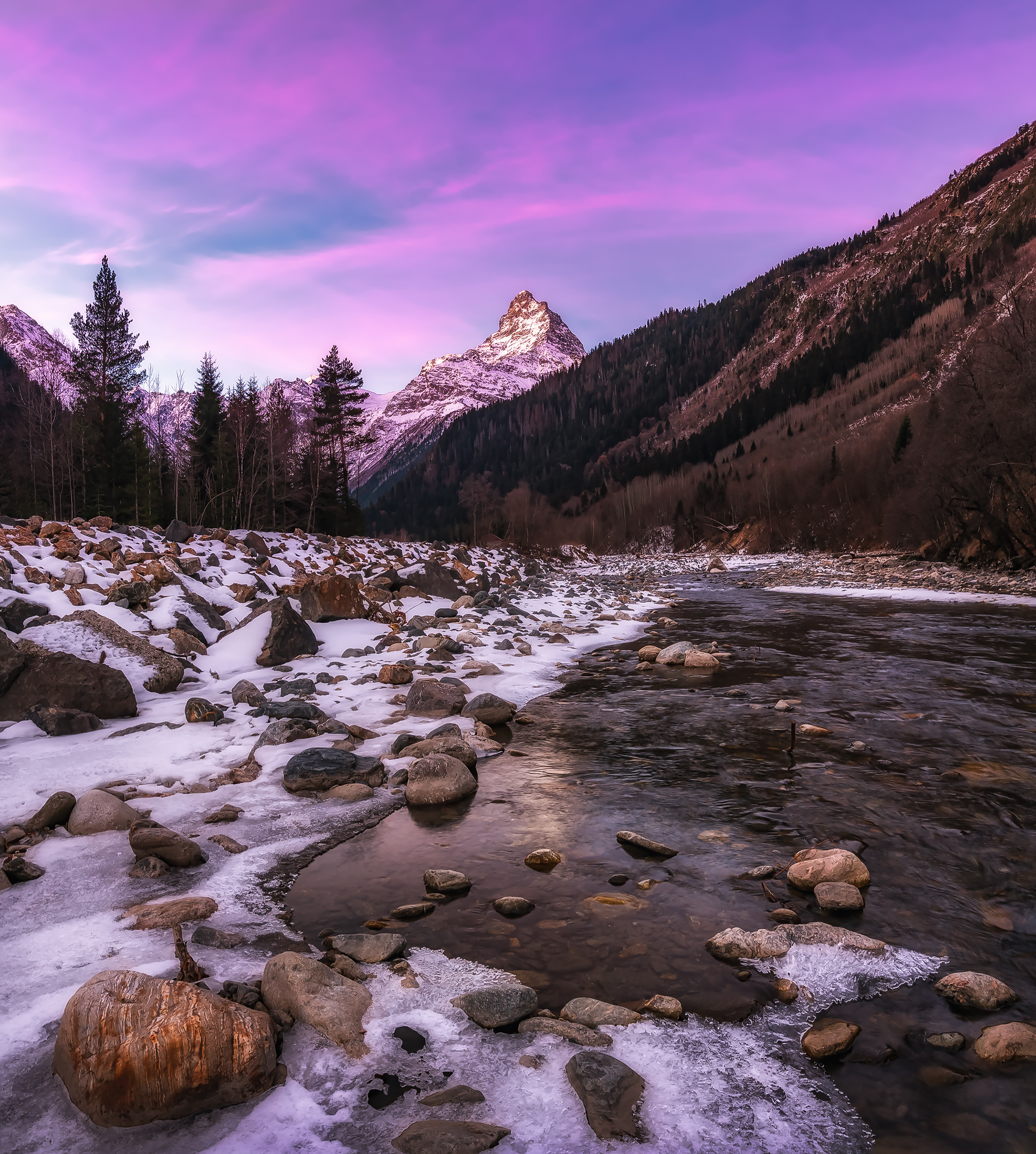 кавказ, горы, карачаево-черкесия, кчр, домбай, теберда, горная река, рассвет в горах, Zakharov Armen