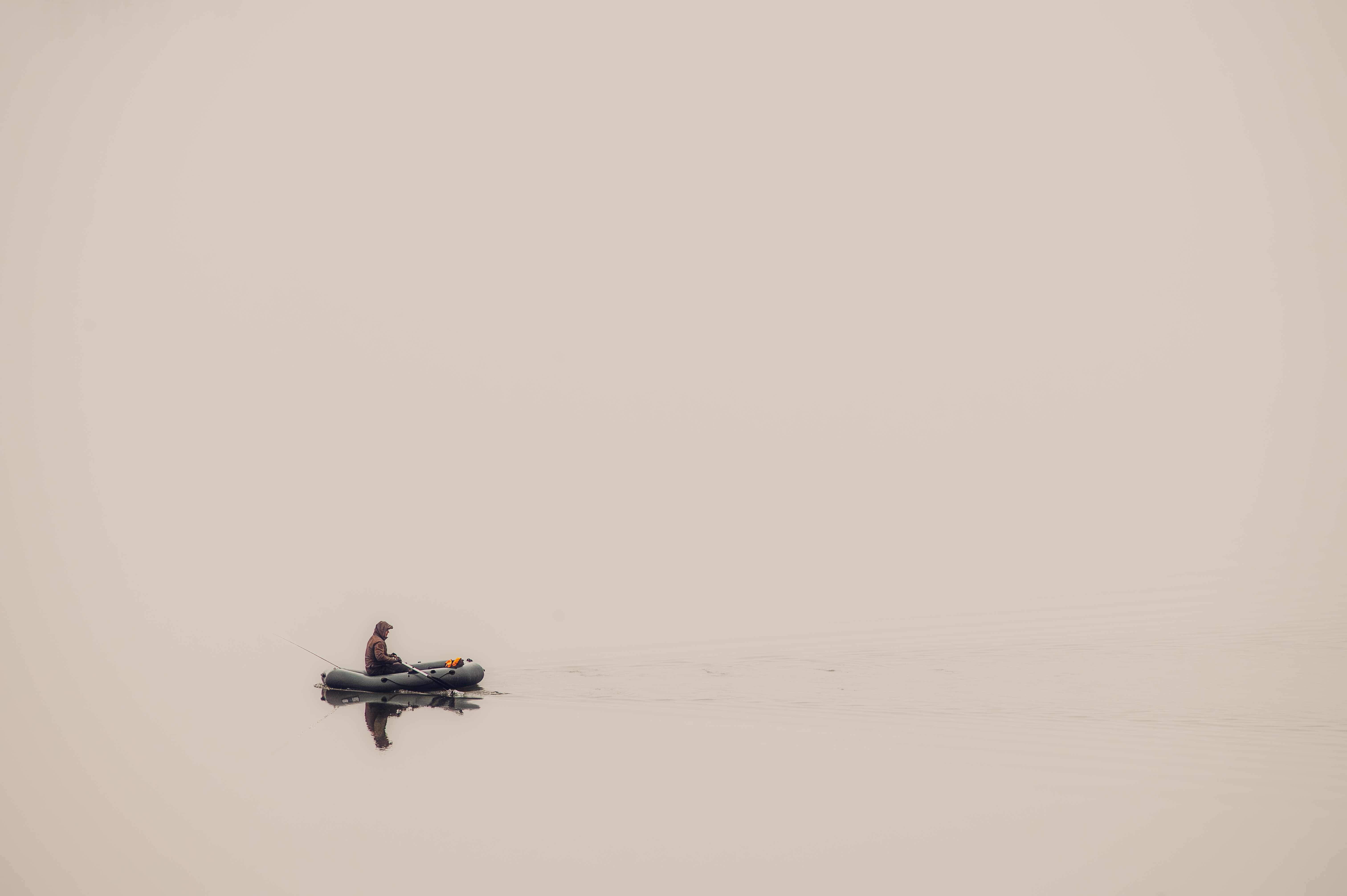 fisherman, boat, fog, minimalism, silence, solitude, mist, calm water, reflection, foggy morning, atmospheric, soft light, emptiness, fine art landscape, poetic mood, stillness, quiet scene, cinematic, nature, peaceful, Сухенко Олег