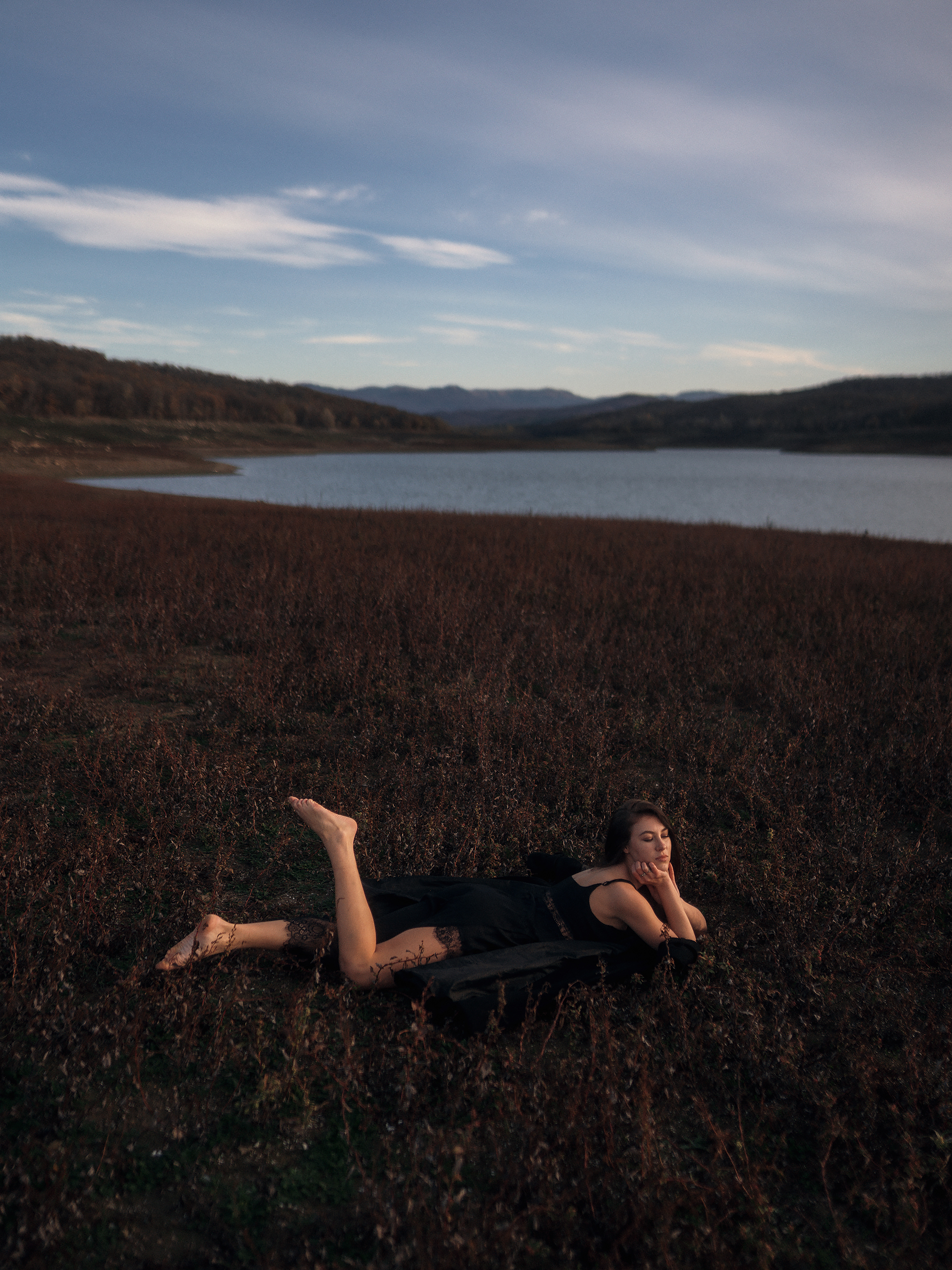 #girl #dress #lake #nature #sunset #outdoors #field #mountains #portrait #evening, Александр Кислов