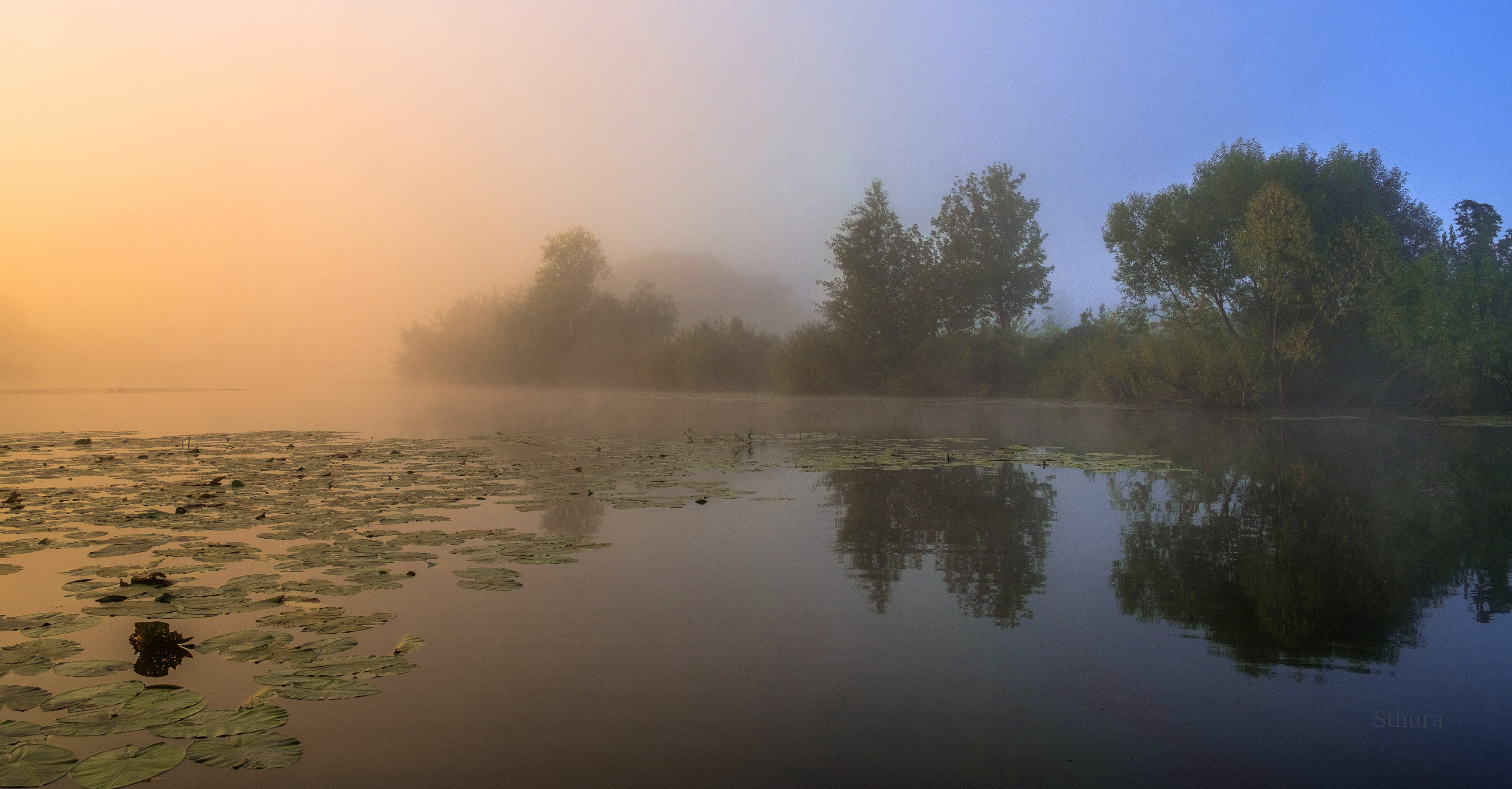 осень утро озеро туман природа пейзаж, Александр Строков