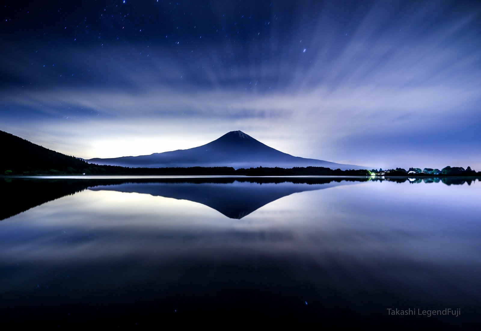 Fuji,mountain,Japan,lake,water,reflection,cloud,star,night,blue,, Takashi