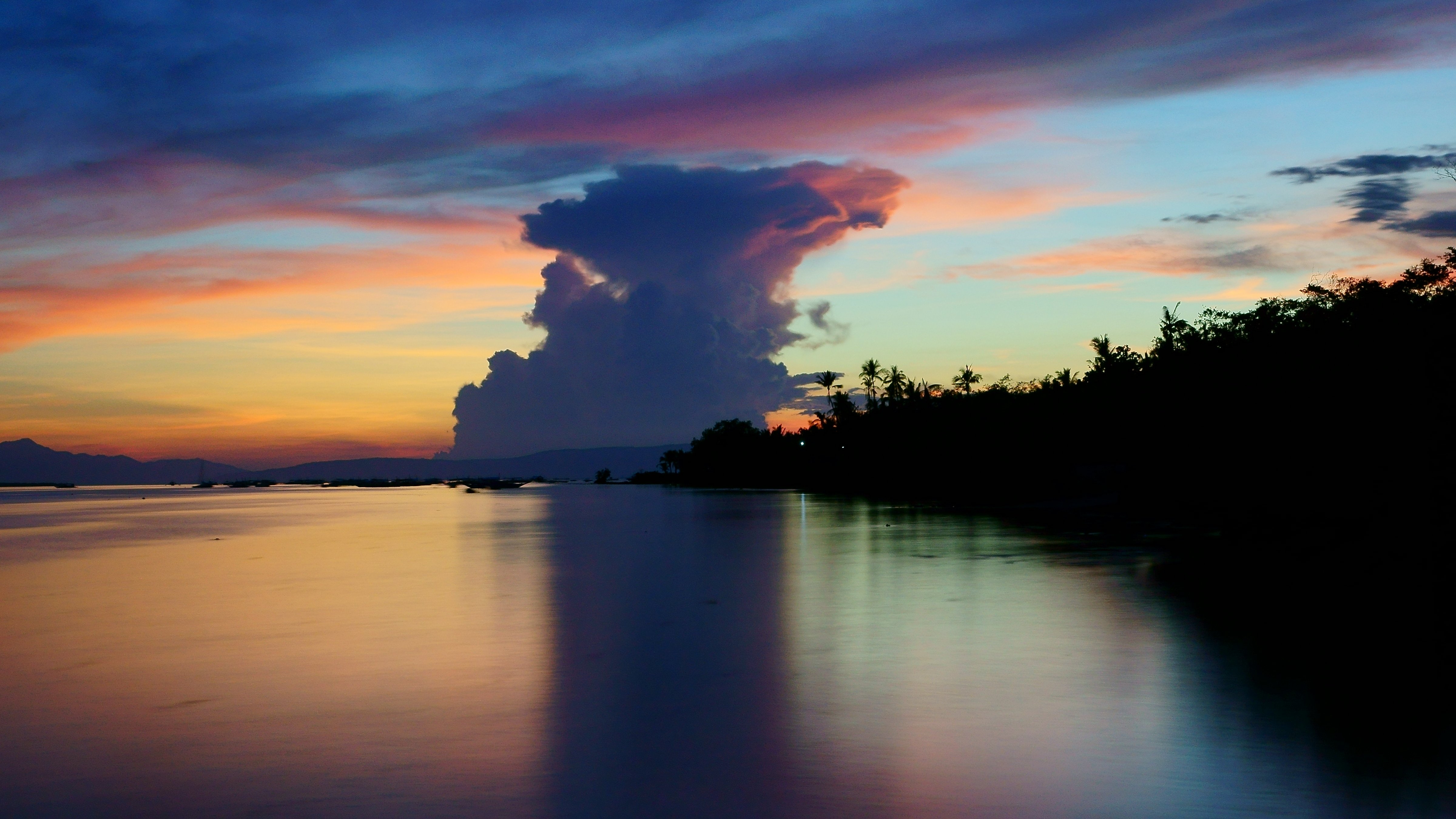 sunset, seascape, clouds, palm trees, boats, reflection, silhouette, island, sebu, philippines, asia, sky, evening, Shin