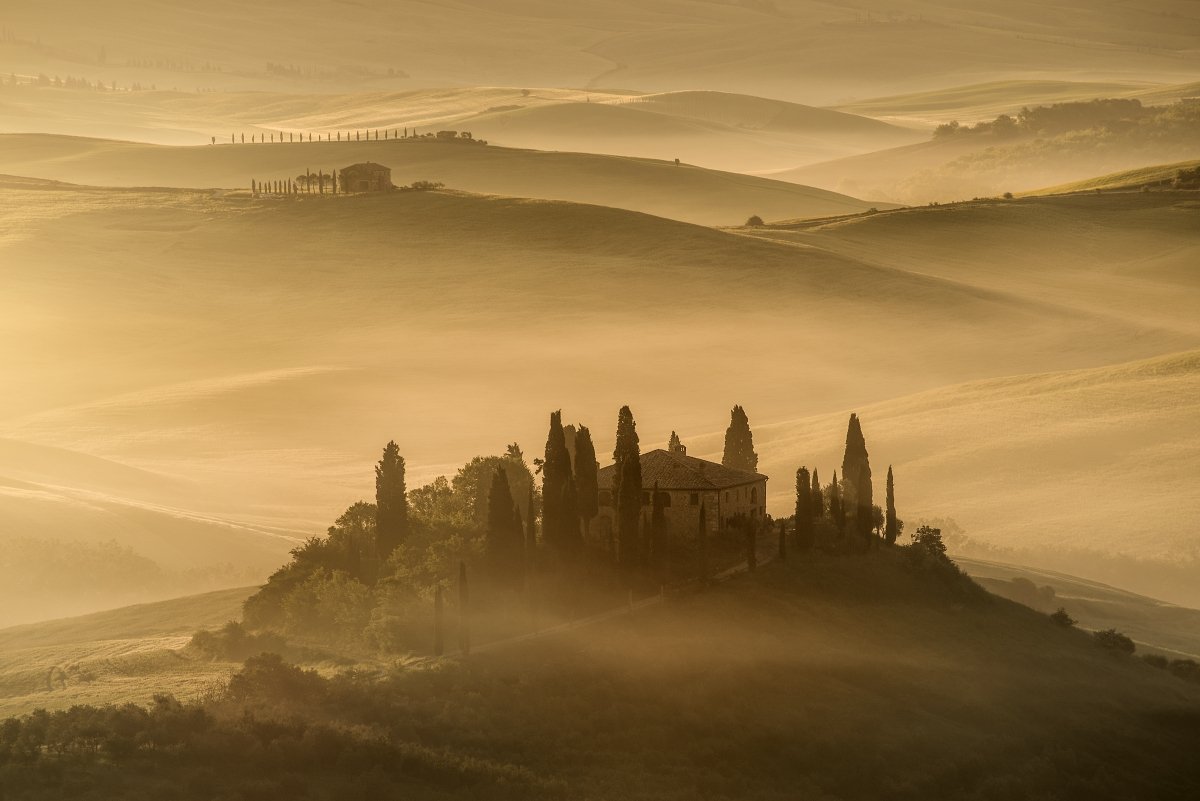Italy, Tuscany, Pienza,  San Quirico d´Orcia, mist, sunrise, fog, spring, belvedere, beautiful place, beautiful, Europe, foggy morning, cypres,  , Tomas Morkes