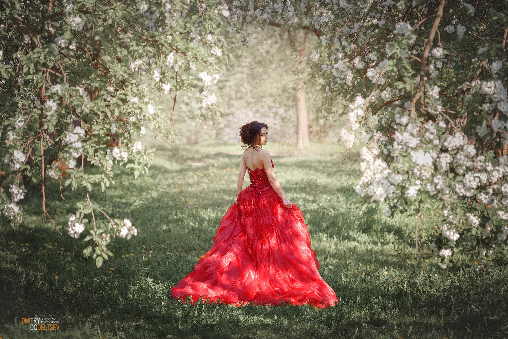 Свадьба, невеста, прогулка, парк, яблони, цветение, красное платье, портрет, девушка, Дмитрий Додельцев