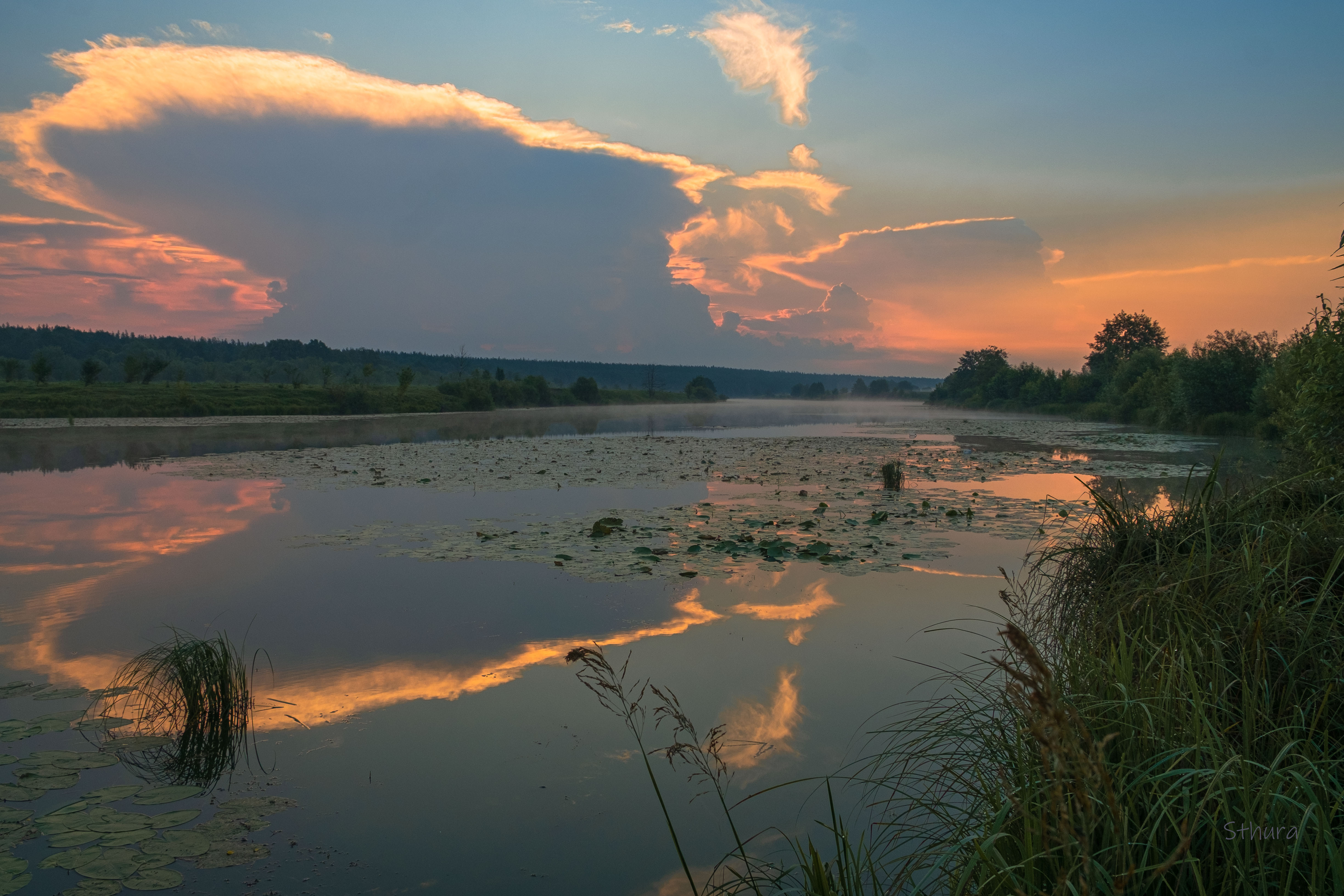 лето озеро рассвет облака отражение природа пейзаж, Александр Строков