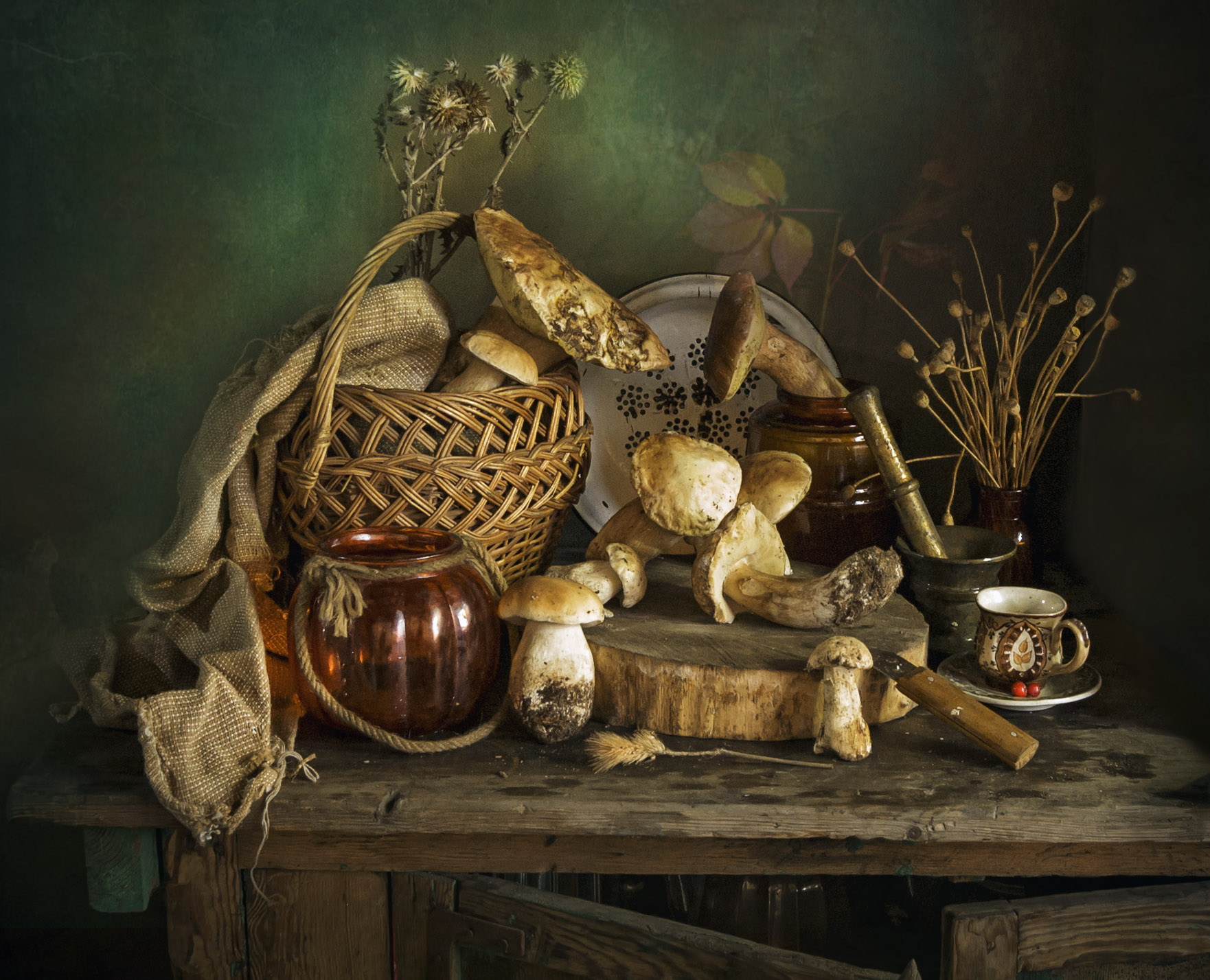 белые грибы, еда, осень,корзина, ступка, сухоцветы, Зимина Лионелла