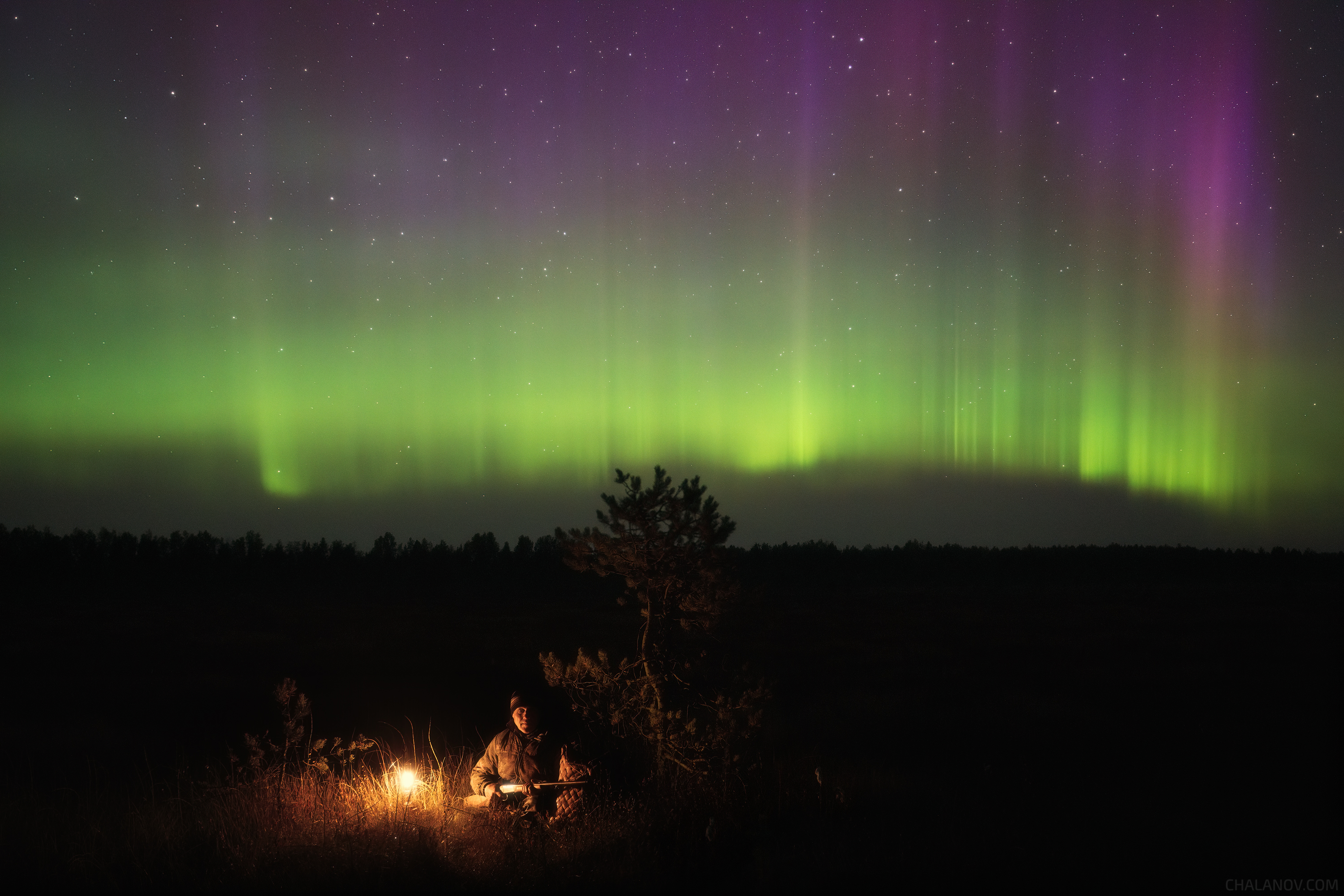 пейзаж, северное сияние, север, ночь, охотник, Иван Чаланов