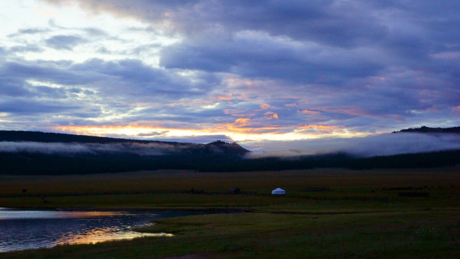 asia, mongolia, lake hovsgol, nature, ger, sunrise, sky, light, clouds, lake, reflection, grassland, morning, dawn, mountain, Shin