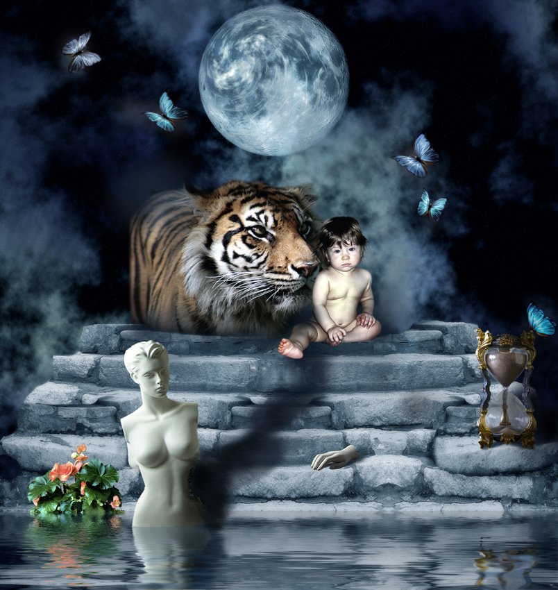 ребенок, тигр, статуя, песочные, часы, вода, лестница, луна, mariavgorskaya