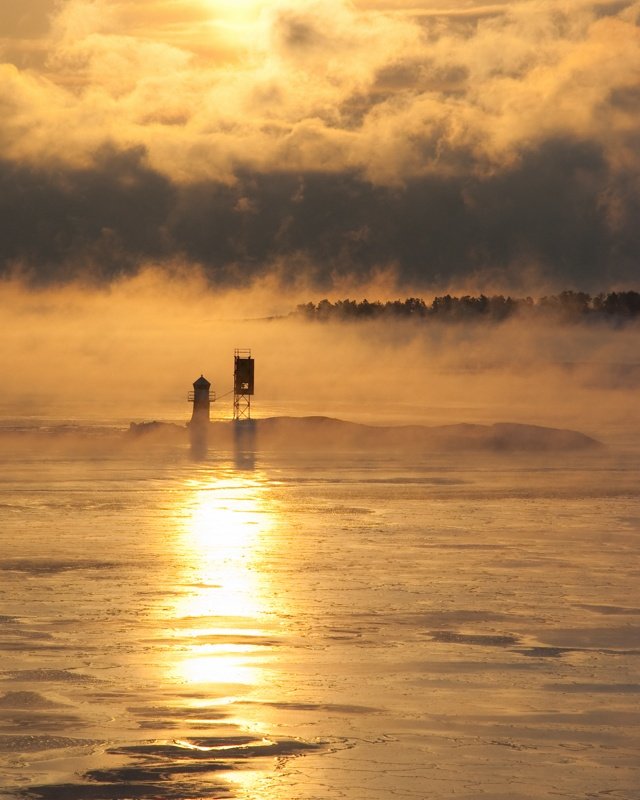 маяк, море, лёд, рассвет, солнце, остров, снег, ADivanov