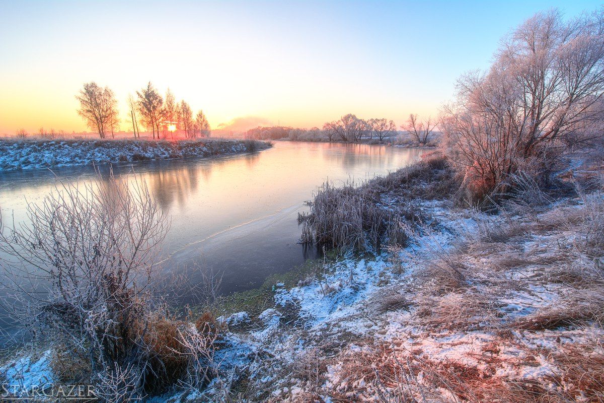 Восход, Мороз, Зима, Река, Landscape, River, Sunrise, Russia, Andrew Kolobov