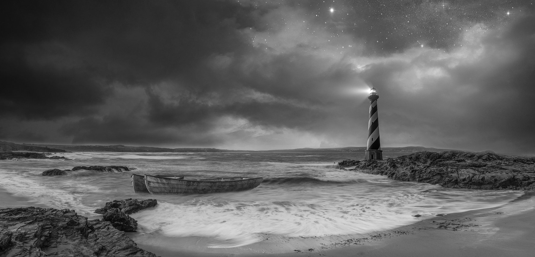 Black and white, Clouds, Dark, Light, Lighthouse, Water, Waves, Миша Шнеер