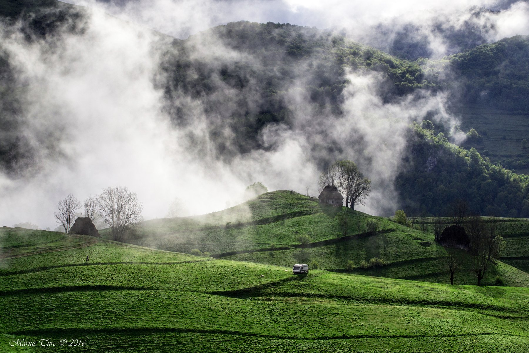 sunday,colors,fog,mist,clouds,nature,house,hills,trees, Marius Turc