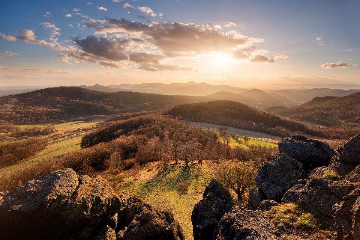 czech republic, Czech central mountains, mountains, rocks, clouds, sunset, meadows, Tomas Morkes