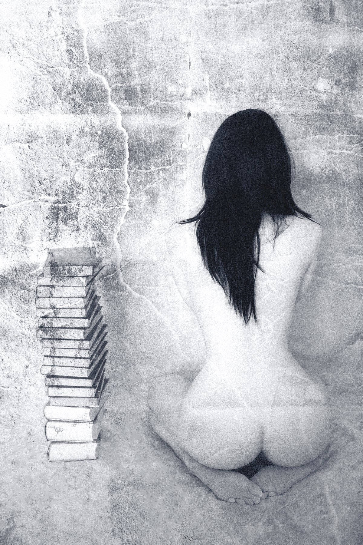 Black and white, Books, Nude, Texture, Woman, Руслан Болгов (Axe)