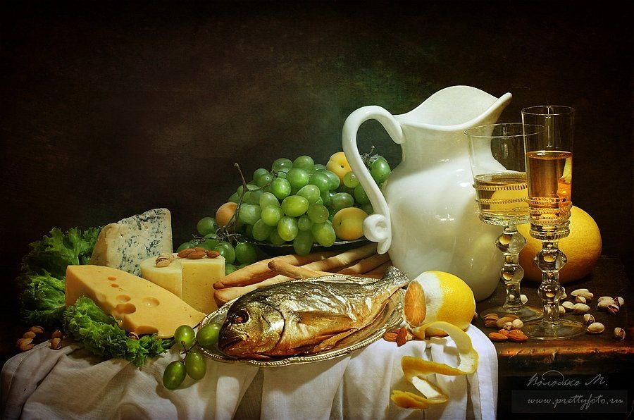 рыба,вино,сыр,виноград,лимон,ужин, Марина Володько