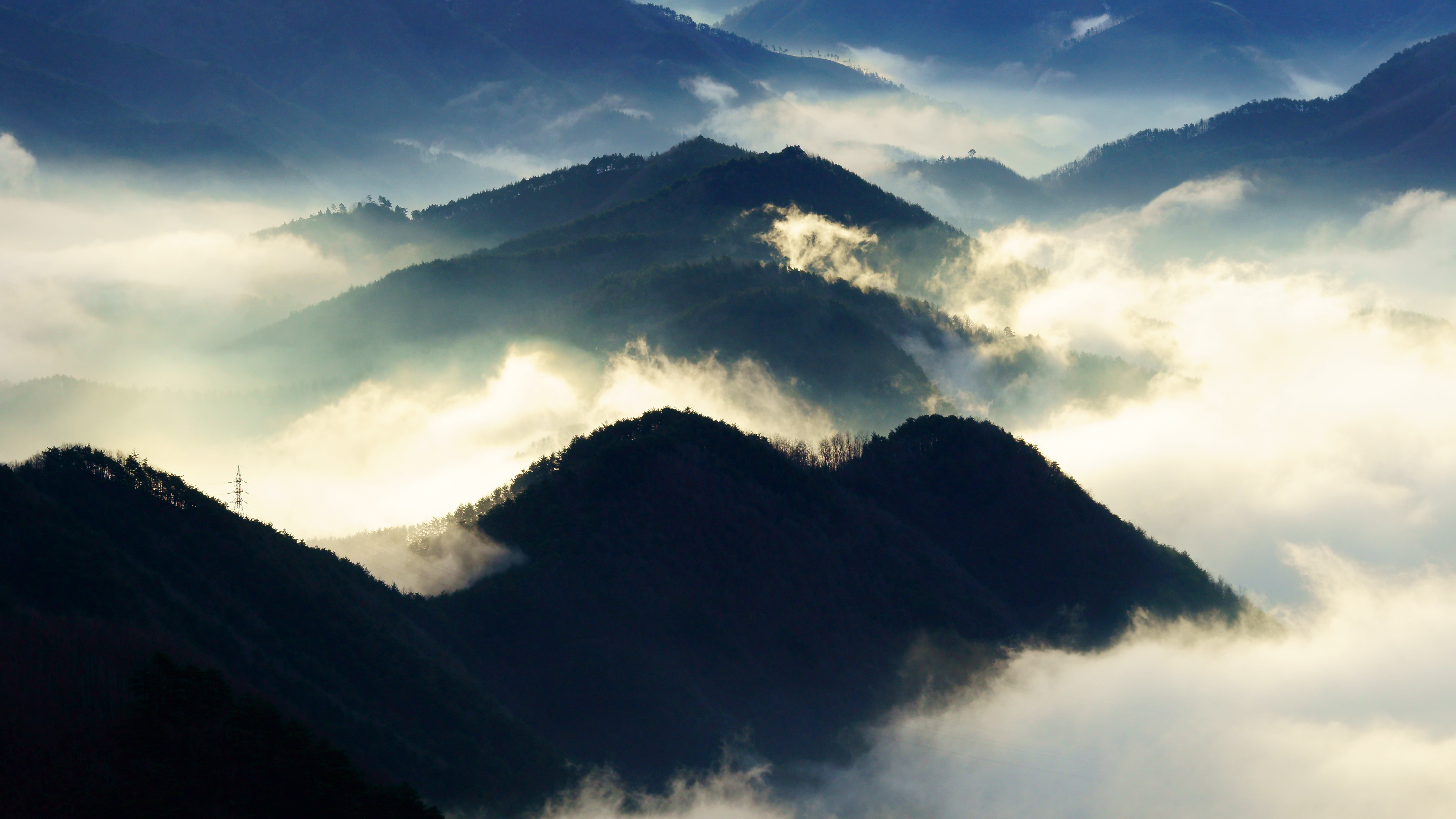 asia, korea, south korea, mountain, nature, cloud, morning, light, electric tower, , Shin