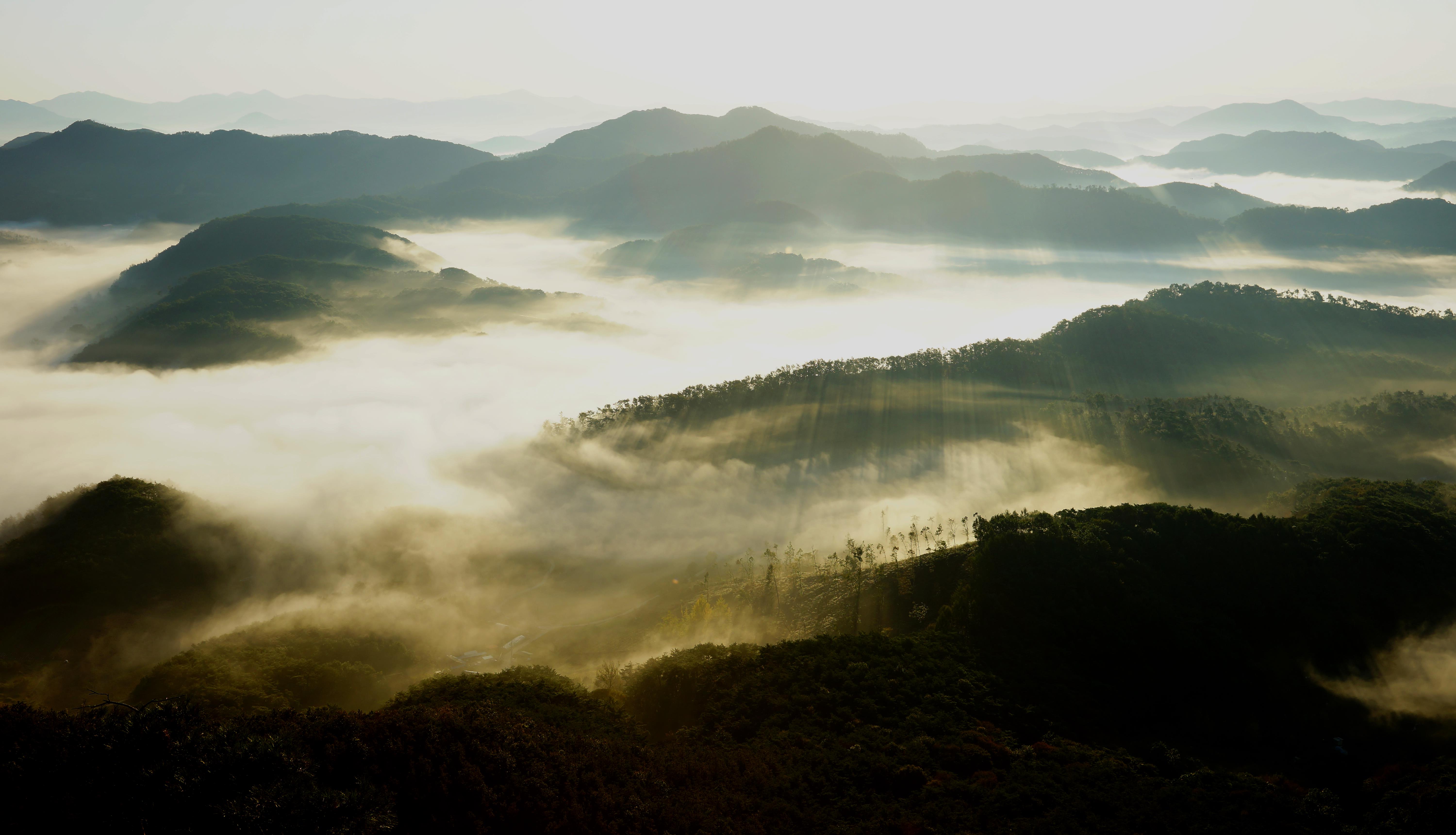 asia, korea, mountain, cloud, light, fog, backlight, light down, nature, landscape, scenery,, Shin