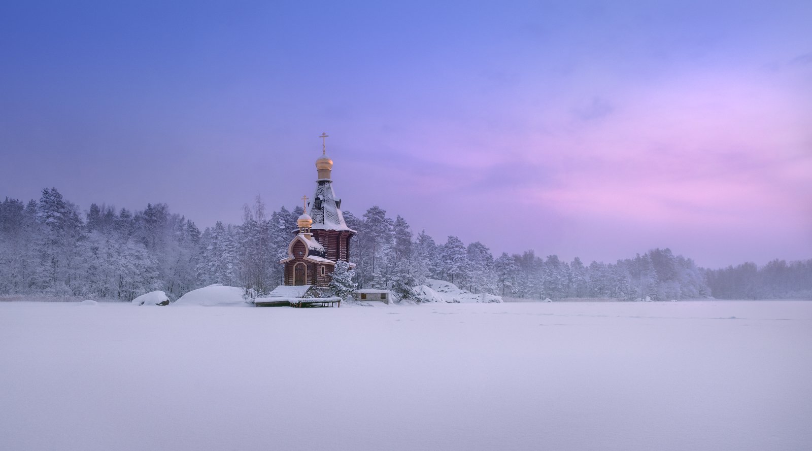 Зима, рассвет, снег, холод, небо, церковь,Храм Андрея Первозванного на Вуоксе, Cтанислав Малых