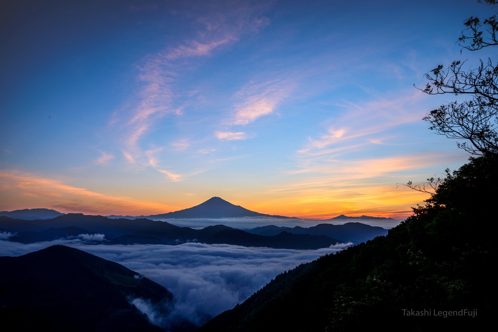 fuji,mountain,Japan,cloud,sky,orange,pink,blue,valley,beautiful,sea of cloud,, Takashi