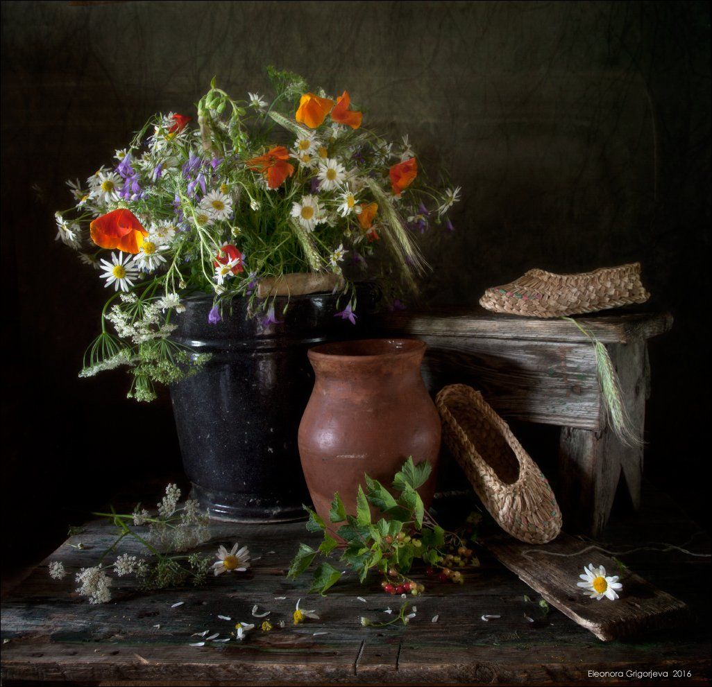 ведро, лапти, лето, маки, натюрморт, цветы полевые, Eleonora Grigorjeva