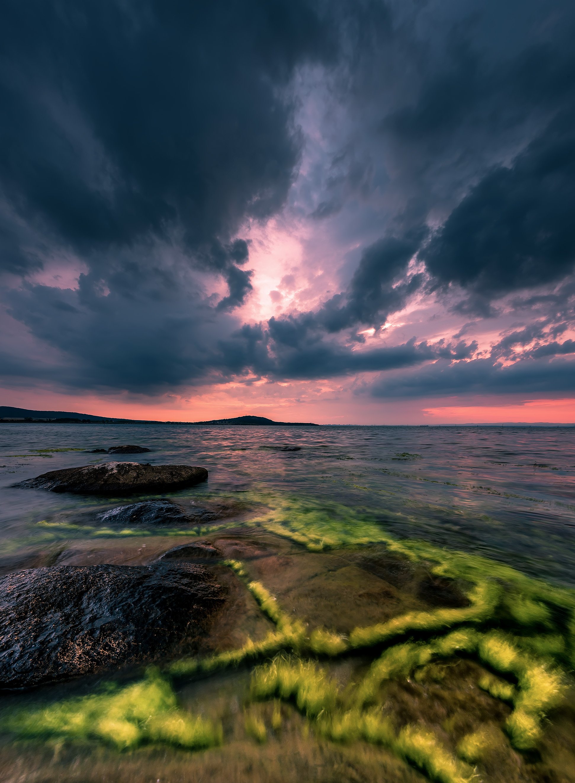 sea, seascape, sunset, green, sky, dark, rock, landscape, Jeni Madjarova