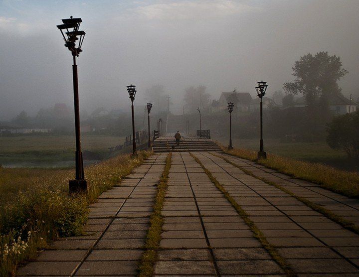 туман, мост, фонарь, человек, утро, remx