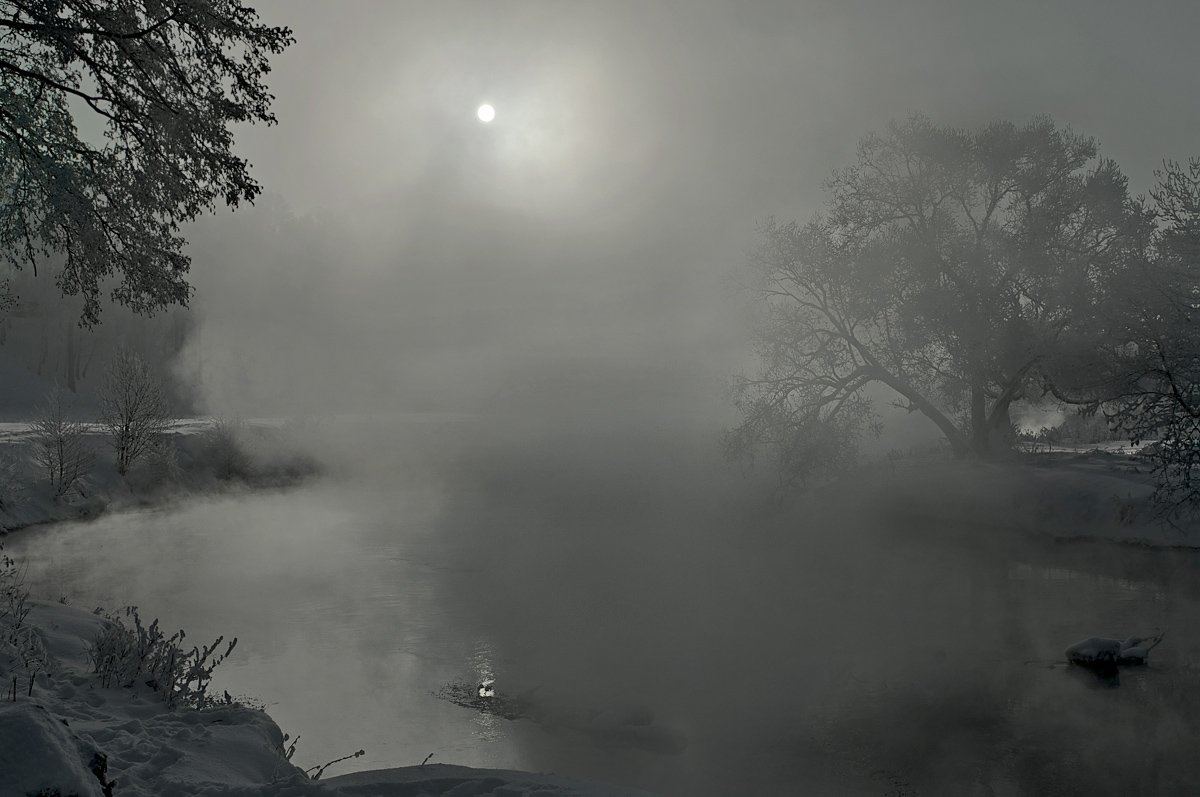 зима, река, солнце, туман, дерево, Макс Шамота