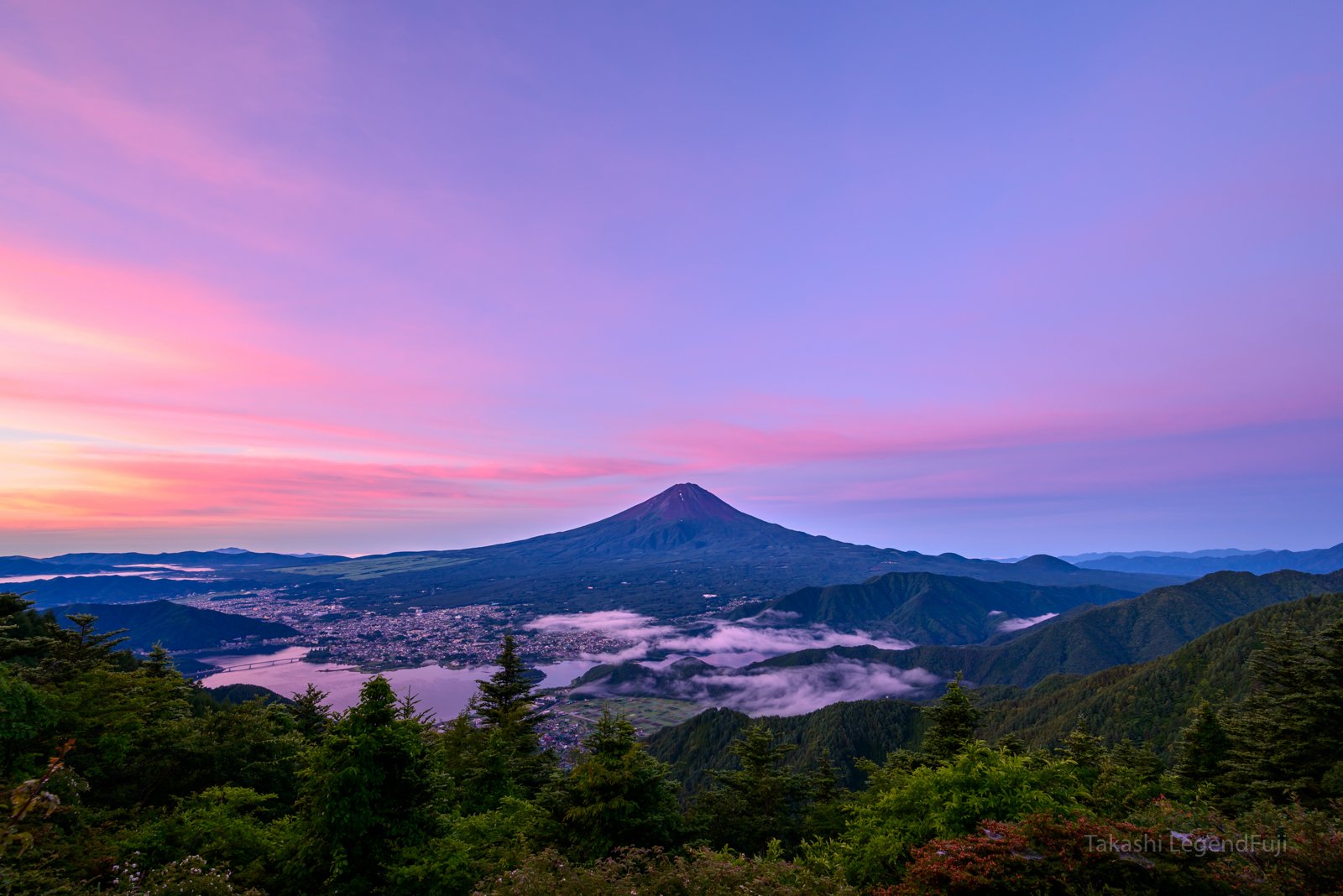 Fuji,mountain,sky,blue,pink,tree,lake,Japan,morning glow,sunrise,sunshine,morning,, Takashi