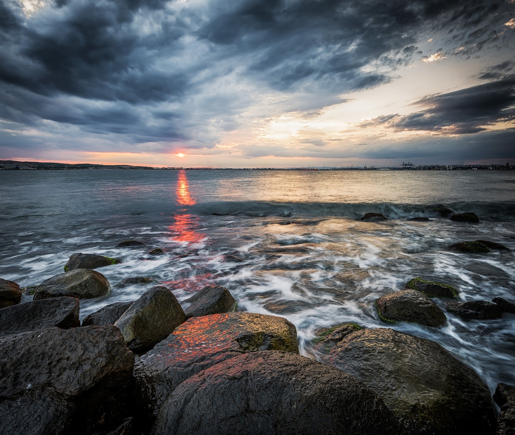 sunset, clouds, sun, sea seascape, rocks, Jeni Madjarova