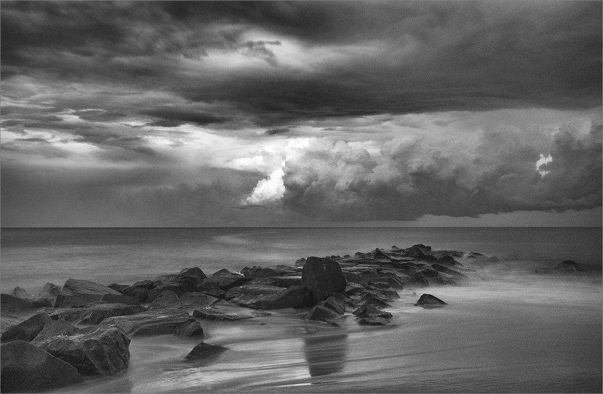 storm sky sea shore stones monochrome, Boris Zhitomirsky
