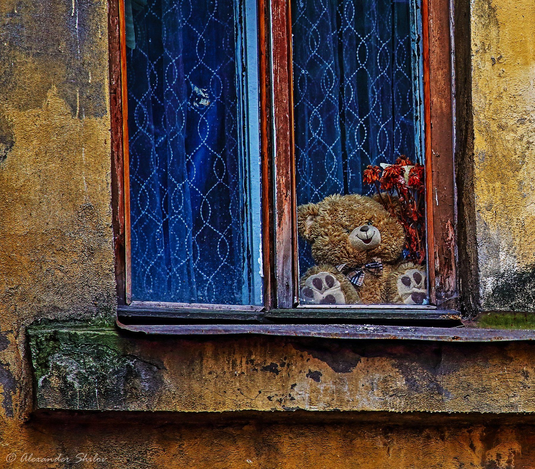город здание окно кукла цветы, Александр Шилов