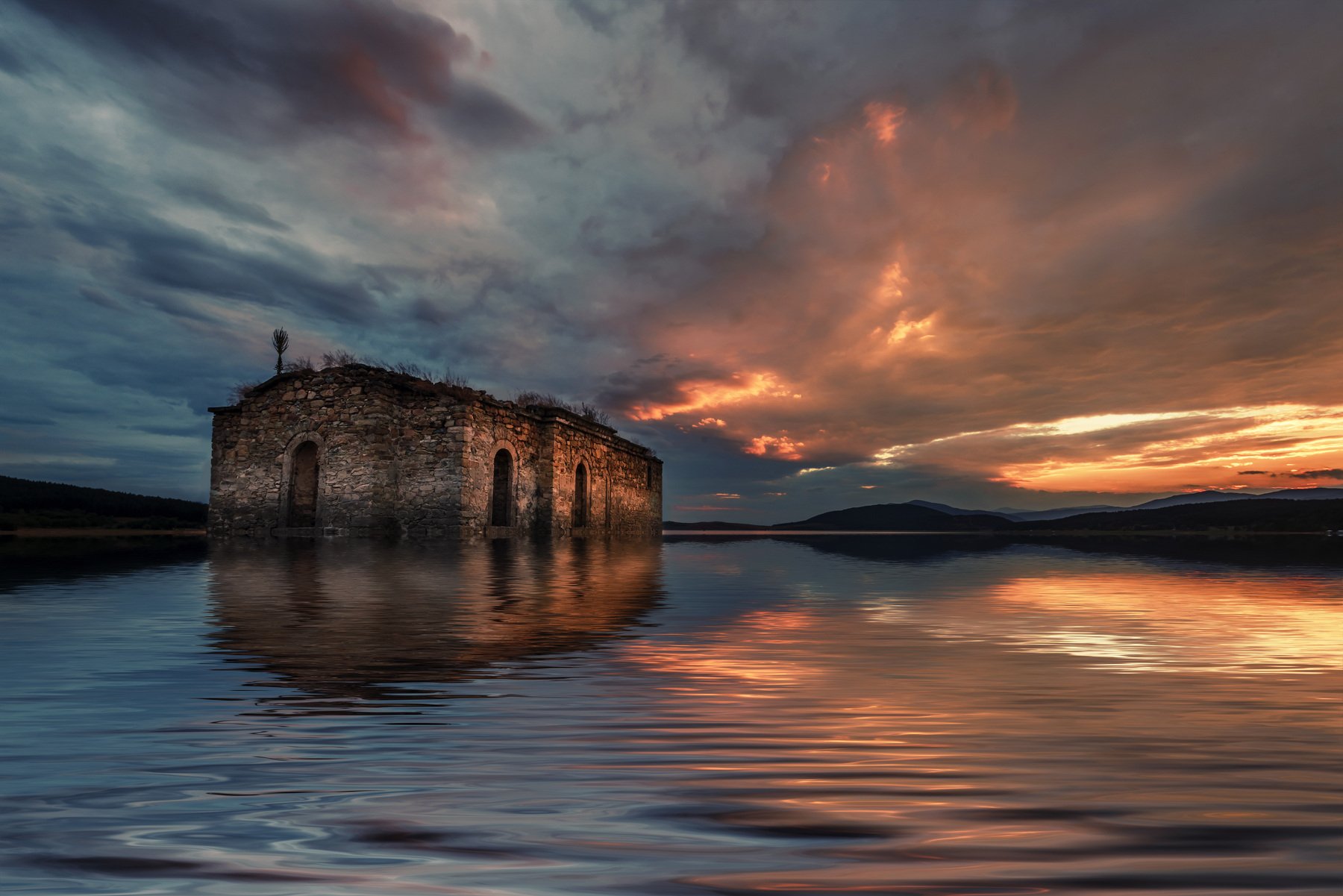 sunset, dam, water, landscape, church, clouds, sky, golden, Jeni Madjarova