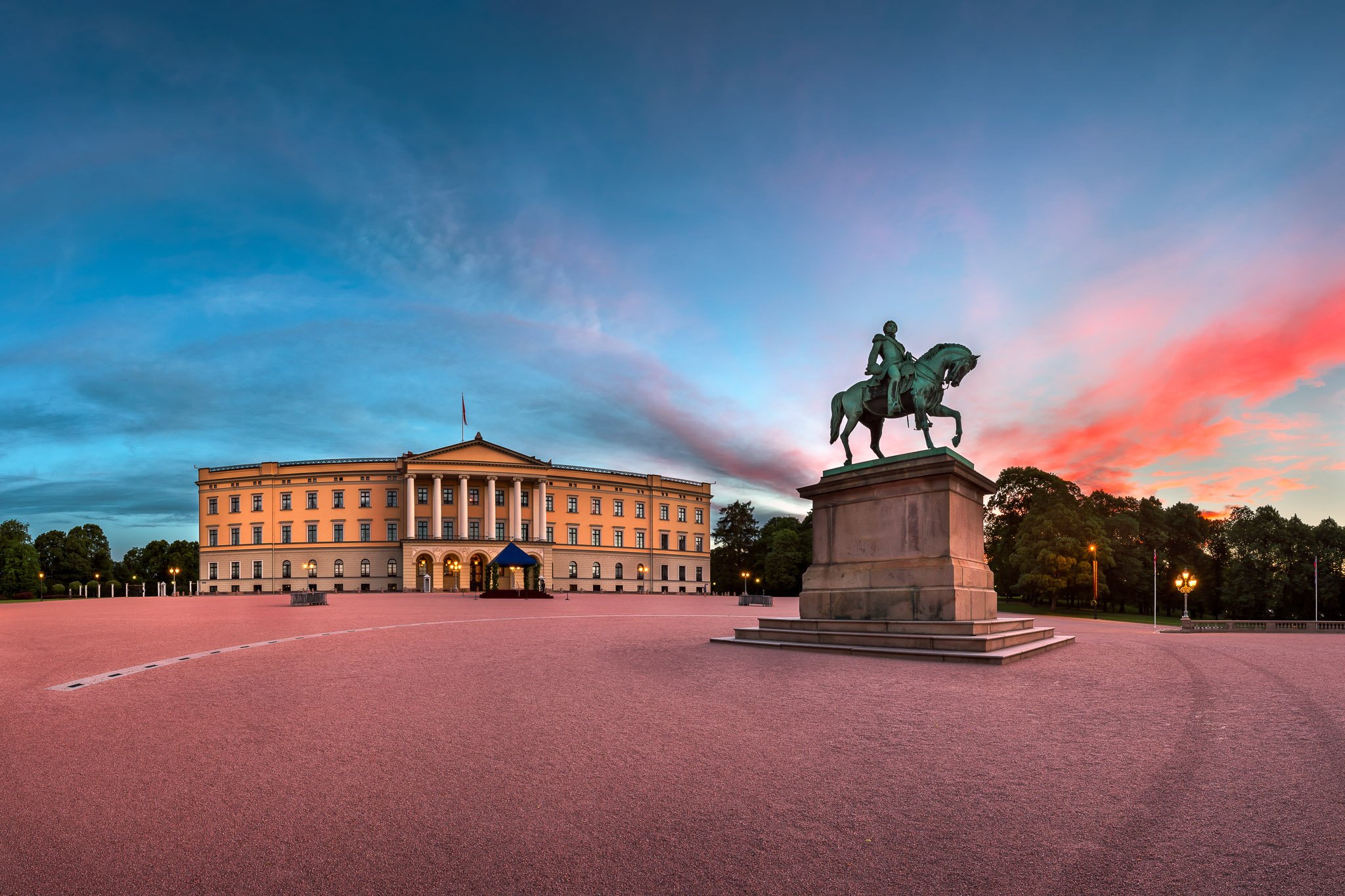 architecture, blue, building, capital, castle, city, cityscape, culture, dawn, europe, european, facade, garden, history, horse, illuminated, johan, karl, king, landmark, landscape, lights, monarch, monument, morning, norway, norwegian, old, oslo, palace,, Andrey Omelyanchuk