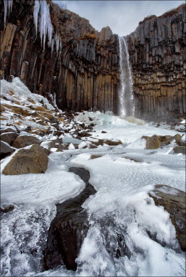 Исландия Iceland Svartifoss водопад зима снег лед базальт колонны, Вадим Никифоров